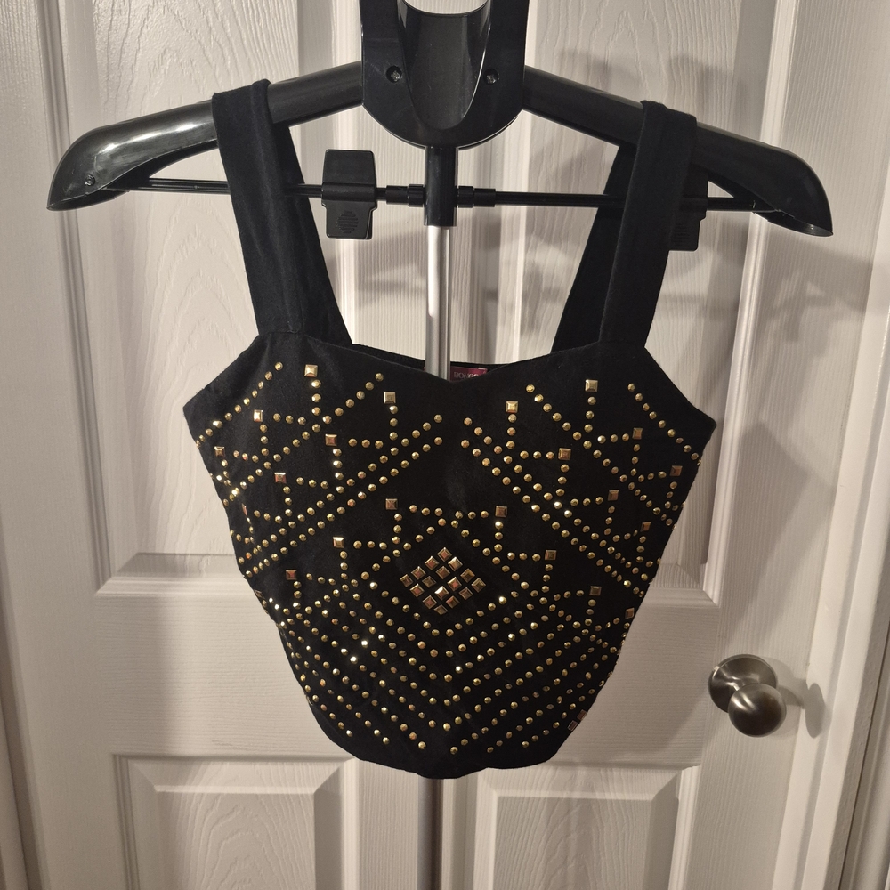 Bongo Black Strap Crop Top | Medium with Dazzling Gold Sequins!